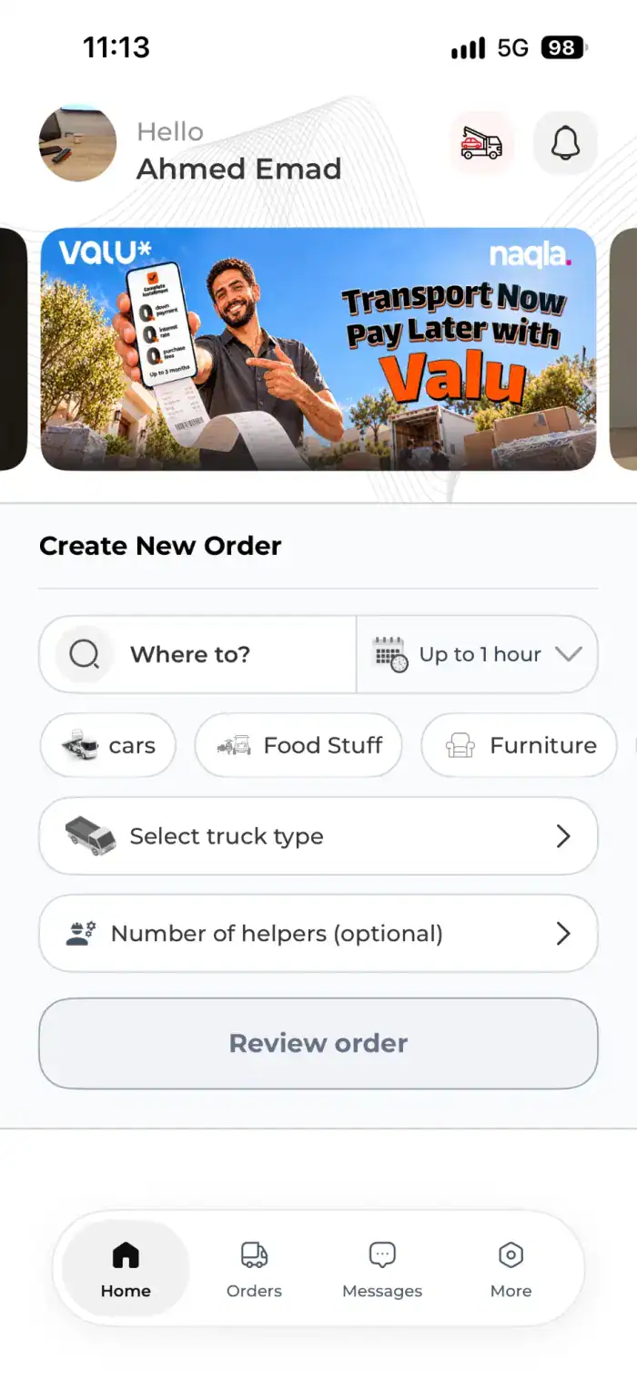 Naqla app home screen with the Create New Order form