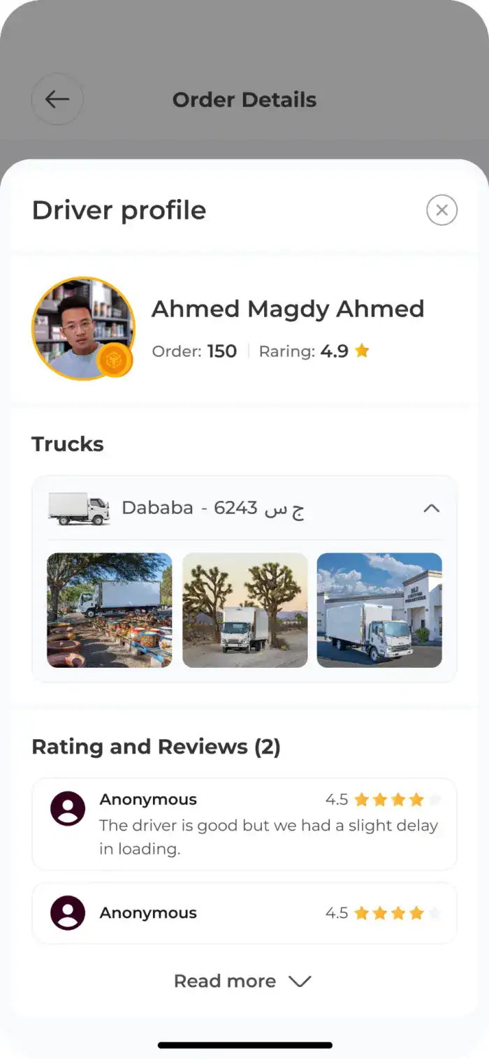 Driver profile with rating, truck and reviews