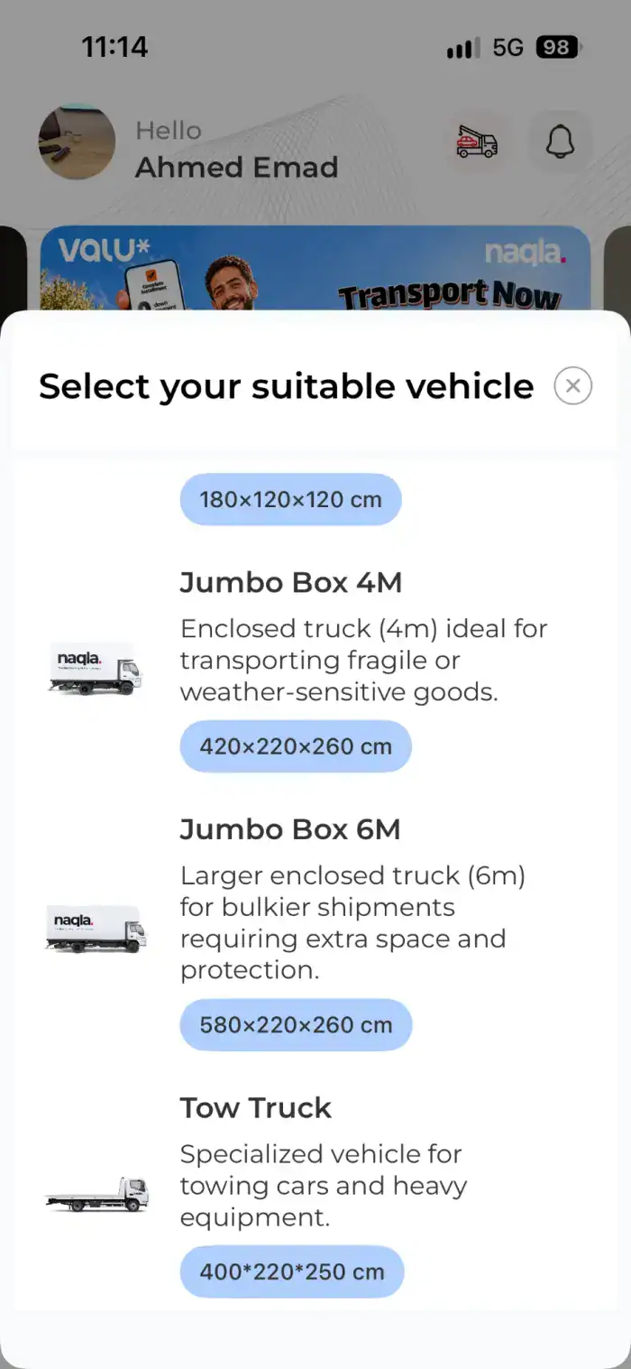 Vehicle list: Jumbo Box 4M, Jumbo Box 6M, Tow Truck